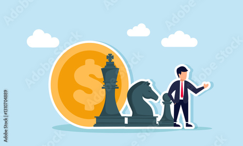 A businessman stands beside several chess pawns and dollar coins, illustration of planning strategies for budget and financial efficiency in a business company