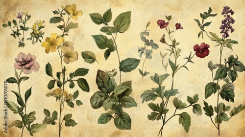 A charming collection of antique-style botanical drawings with faded parchment textures.