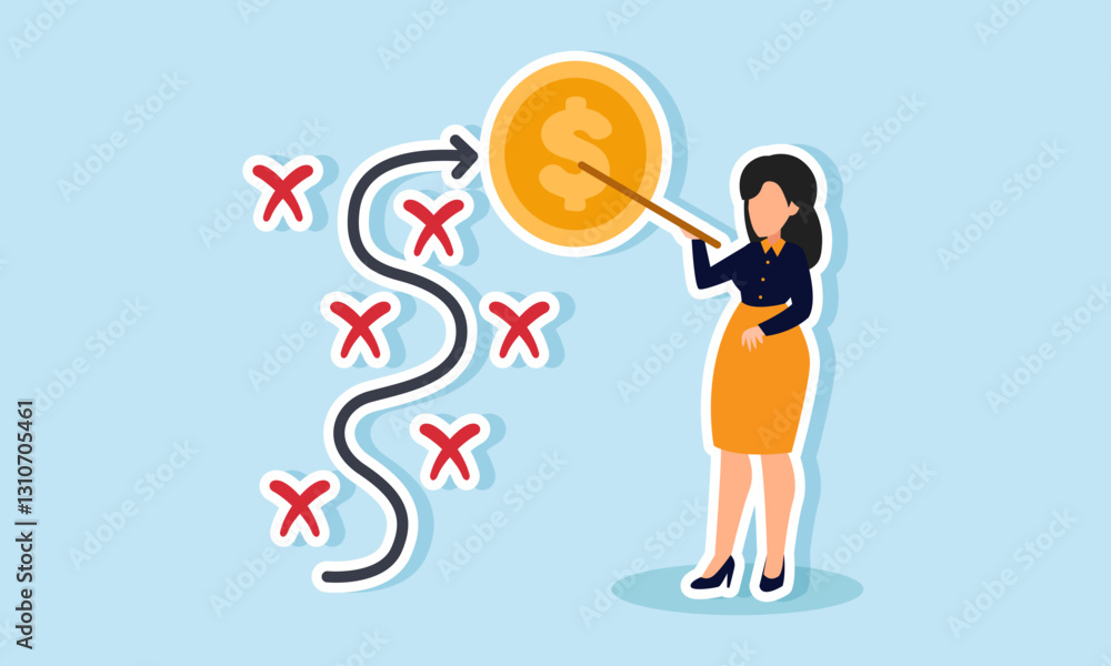 A businesswoman explains with a pointer about a path like a map leading to a dollar coin, illustration of mitigation and planning in business financial management A businesswoman explains with a pointer about a path like a map leading to a dollar coin, illustration of mitigation and planning in business financial management