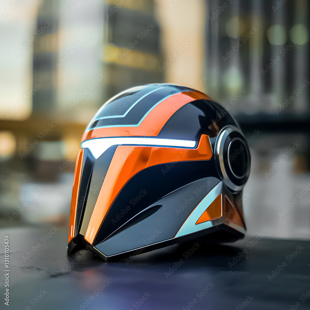 A photo of a sleek, futuristic helmet with bold lines and a blue light emanating from its core. The helmet is placed on a dark surface. The background is blurred and contains a cityscape. A photo of a sleek, futuristic helmet with bold lines and a blue light emanating from its core. The helmet is placed on a dark surface. The background is blurred and contains a cityscape.