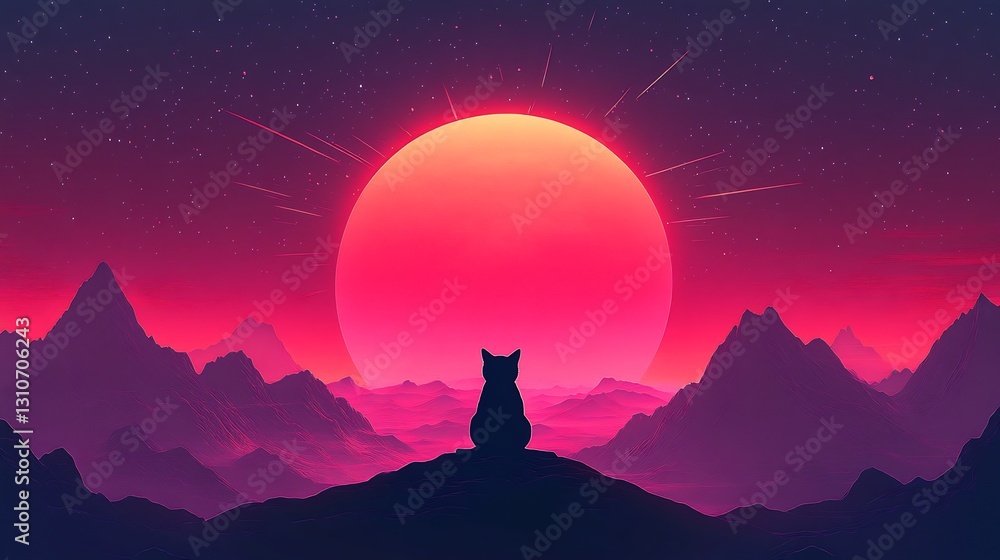 Fototapeta premium Silhouetted cat calmly observes vibrant sunset over majestic mountains dreamy pink hues. AI Generated