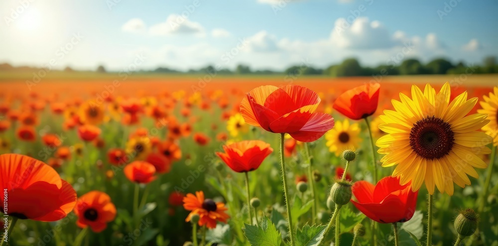 Red poppy field with a few sunflowers and black-eyed Susans, blooming, sunflower Red poppy field with a few sunflowers and black-eyed Susans, blooming, sunflower
