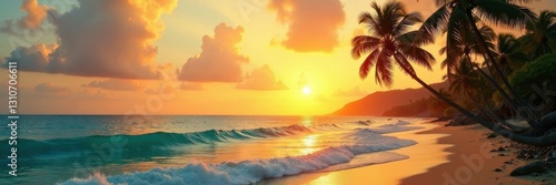 Palm trees sway in warm breeze over turquoise ocean waves at sunset, sunset colors, natural beauty, ocean waves