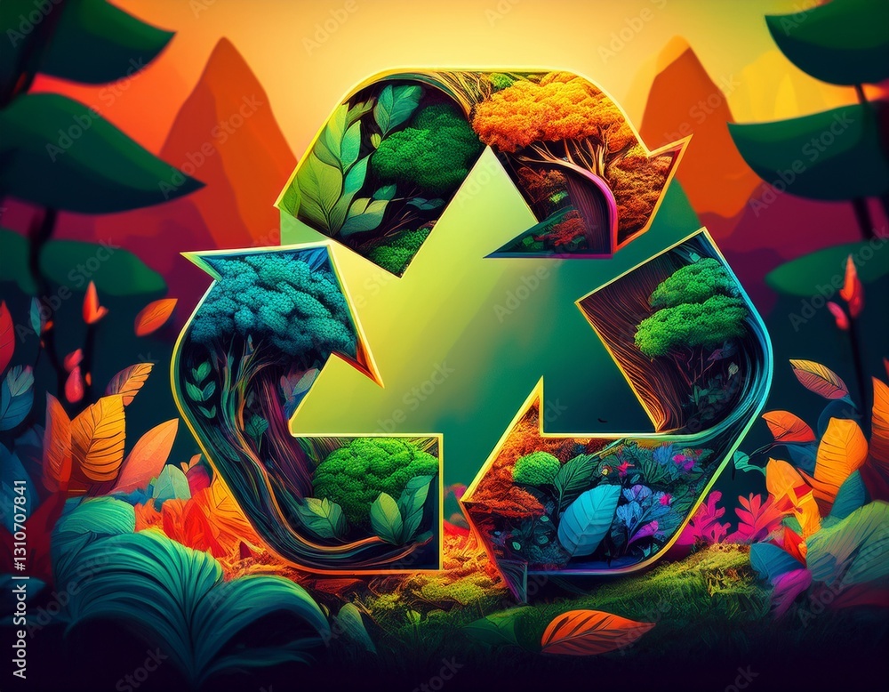 a vibrant illustration of a recycling symbol in nature a vibrant illustration of a recycling symbol in nature