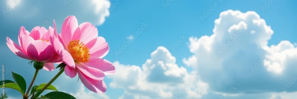Soft pink peonies against a brilliant blue sky with fluffy white clouds, flowers, serene Soft pink peonies against a brilliant blue sky with fluffy white clouds, flowers, serene