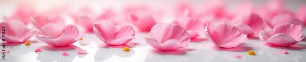 Soft pink rose petals scattered on a white surface, soft lighting, candlelight Soft pink rose petals scattered on a white surface, soft lighting, candlelight