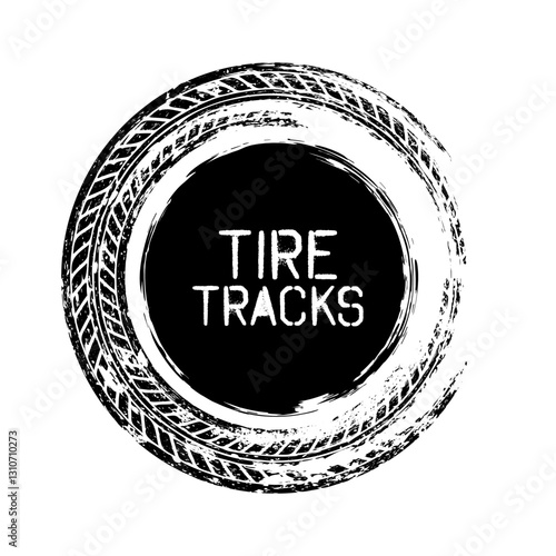 Grunge circle tire track, wheel braking mark. Truck, car or motorcycle tread pattern silhouettes. Auto race, motorsport, speed racing design element. Vector illustration