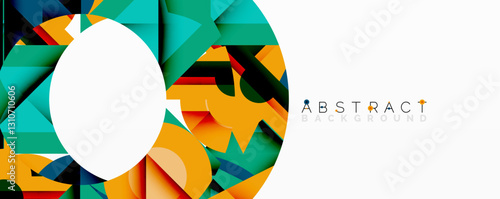 Abstract geometric artwork with interwoven angular and curved shapes, dynamic composition with smooth gradients and bold contrasts