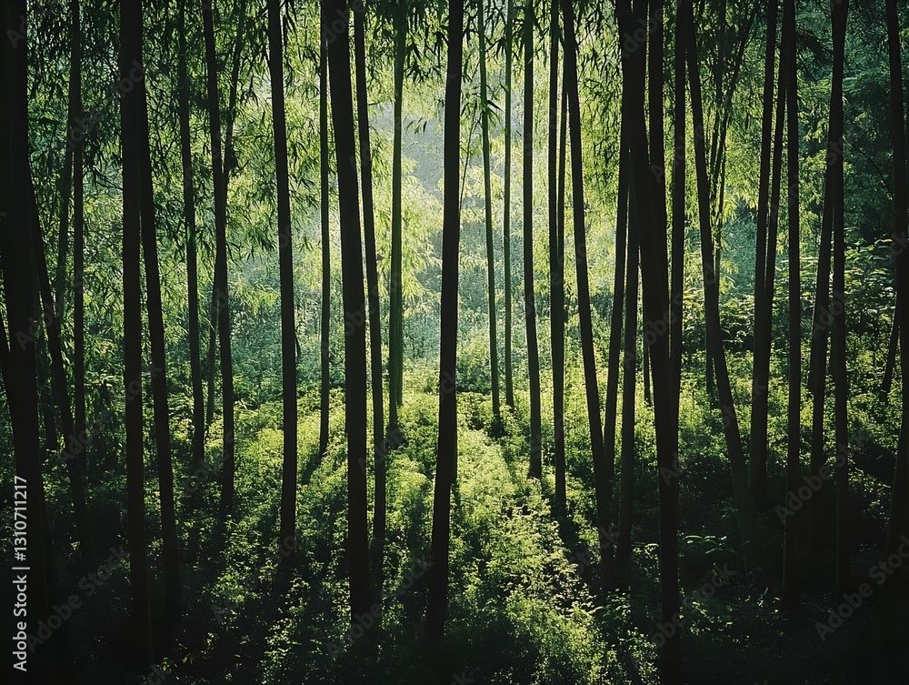 Lush Green Enchanted Forest with Sunlight Streaming Through Canopy Lush Green Enchanted Forest with Sunlight Streaming Through Canopy