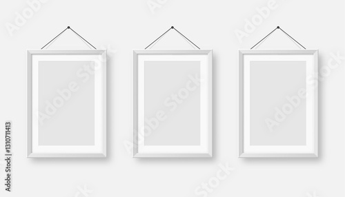 Realistic blank white picture frames collection. Modern poster mockup for artwork, photography, or advertising. Perfect for art galleries, interior decor, and branding. Vector illustration