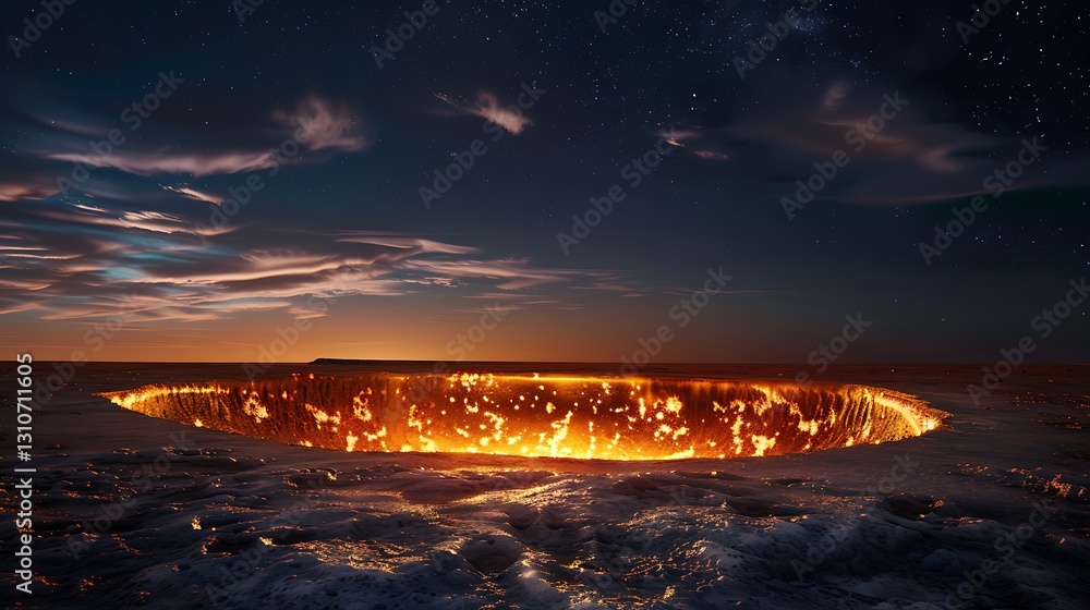 Fiery Abyss Revealed Under Starry Night Sky Over Tranquil Ocean Water Surface