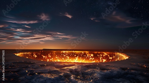 Obraz na płótnie Fiery Abyss Revealed Under Starry Night Sky Over Tranquil Ocean Water Surface w salonie