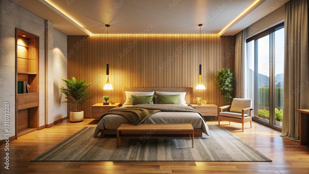 Fototapeta premium Modern Minimalist Bedroom Interior Design with Warm Lamp Light
