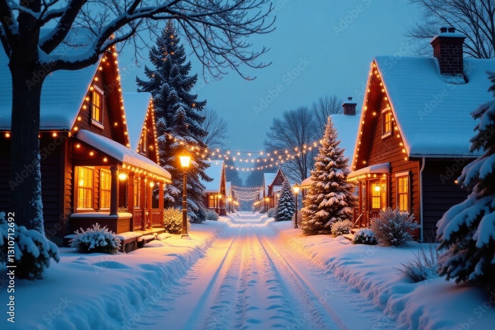 Fototapeta premium Snow-covered village street with Christmas decorations and festive atmosphere, holiday, snow