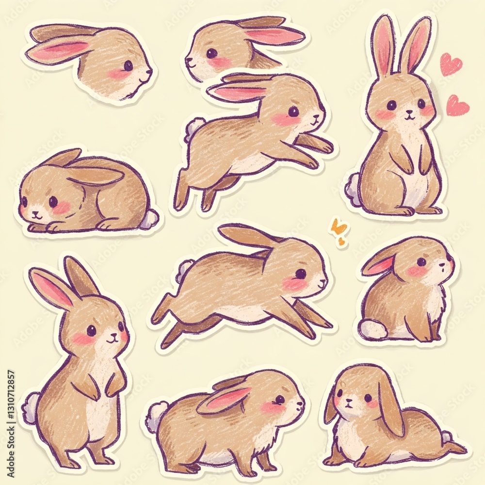 Obraz premium Adorable Rabbit Illustrations in Various Poses - Crayon Style Stickers