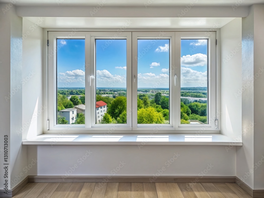 Fototapeta premium Modern Minimalist Interior: Four-Panel Window Sill, White Frame, Urban Exploration Photography