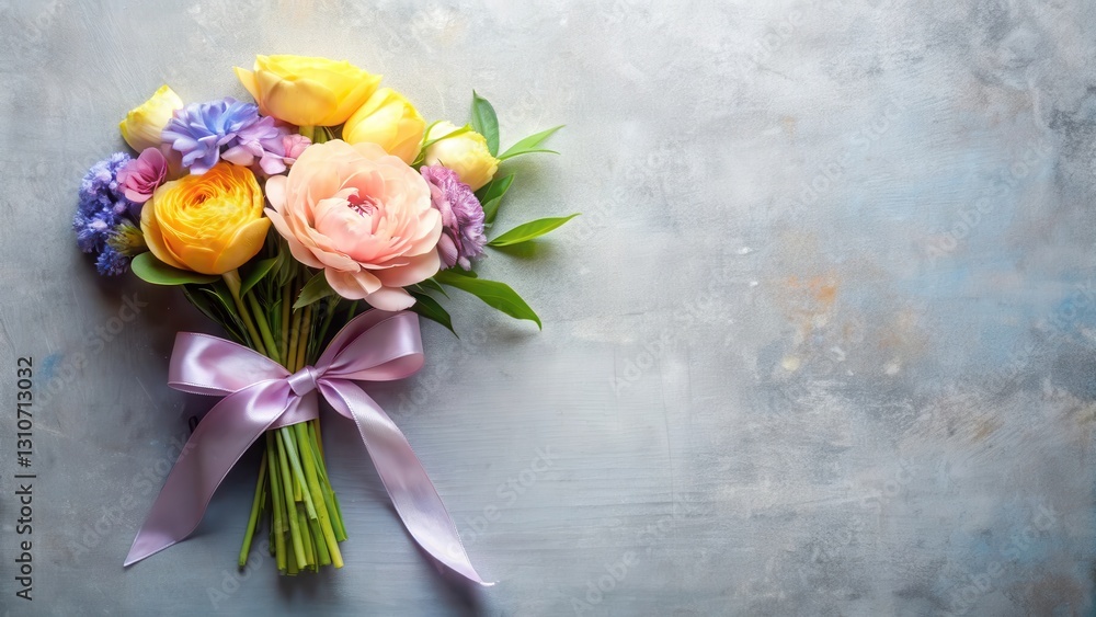 Fototapeta premium A Delicate Bouquet of Pastel-Colored Flowers Tied with a Lavender Ribbon, Resting on a Textured Surface