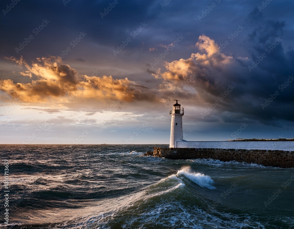 Fototapeta premium the bright lighthouse stands resilient against dark stormy clouds illuminating the turbulent waters with its warm light guiding sailors at dusk through challenging conditions