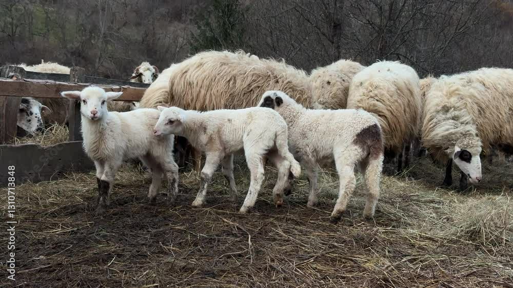 Young playful lambs running, jumping and chasing each other in a sheepfold while sheep are watching them. winter, isolated farm in a mountain. Young playful lambs running, jumping and chasing each other in a sheepfold while sheep are watching them. winter, isolated farm in a mountain.