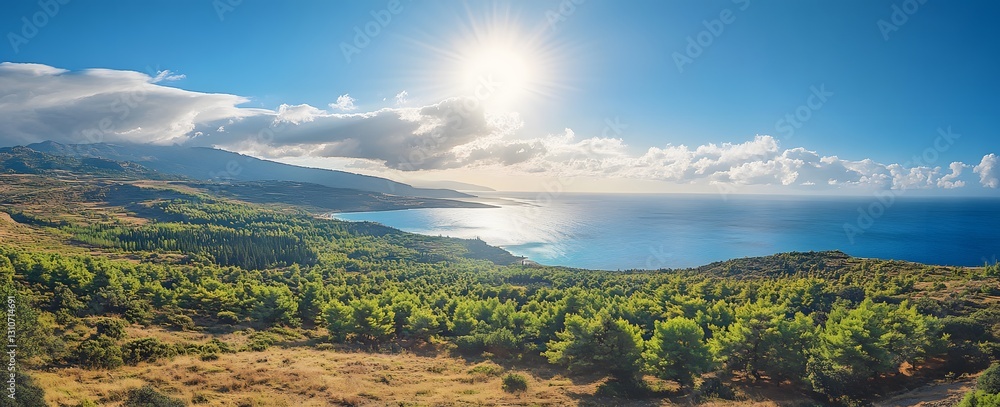 Obraz premium Sunlit Coastal Landscape With Lush Green Forest and Mountains