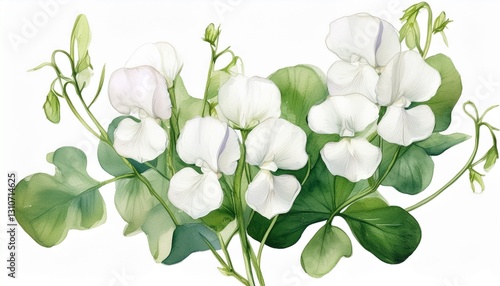 watercolor illustration of a sprig of white sweet pea flowers on a white background summer botanical drawing for wedding invitations or cards print