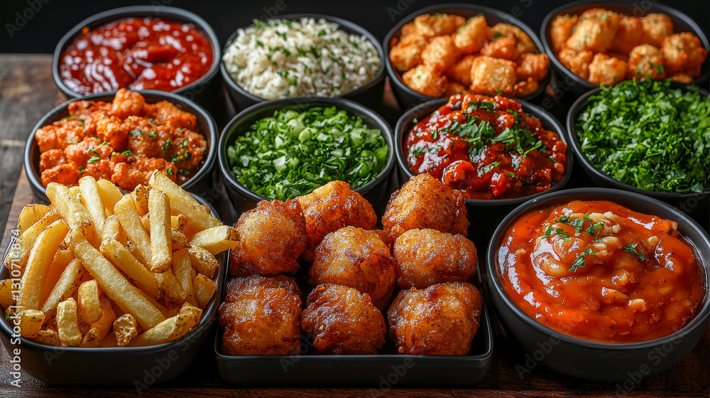 Bowls of crispy fries and chicken nuggets with diverse sauces, garnished with fresh herbs Bowls of crispy fries and chicken nuggets with diverse sauces, garnished with fresh herbs