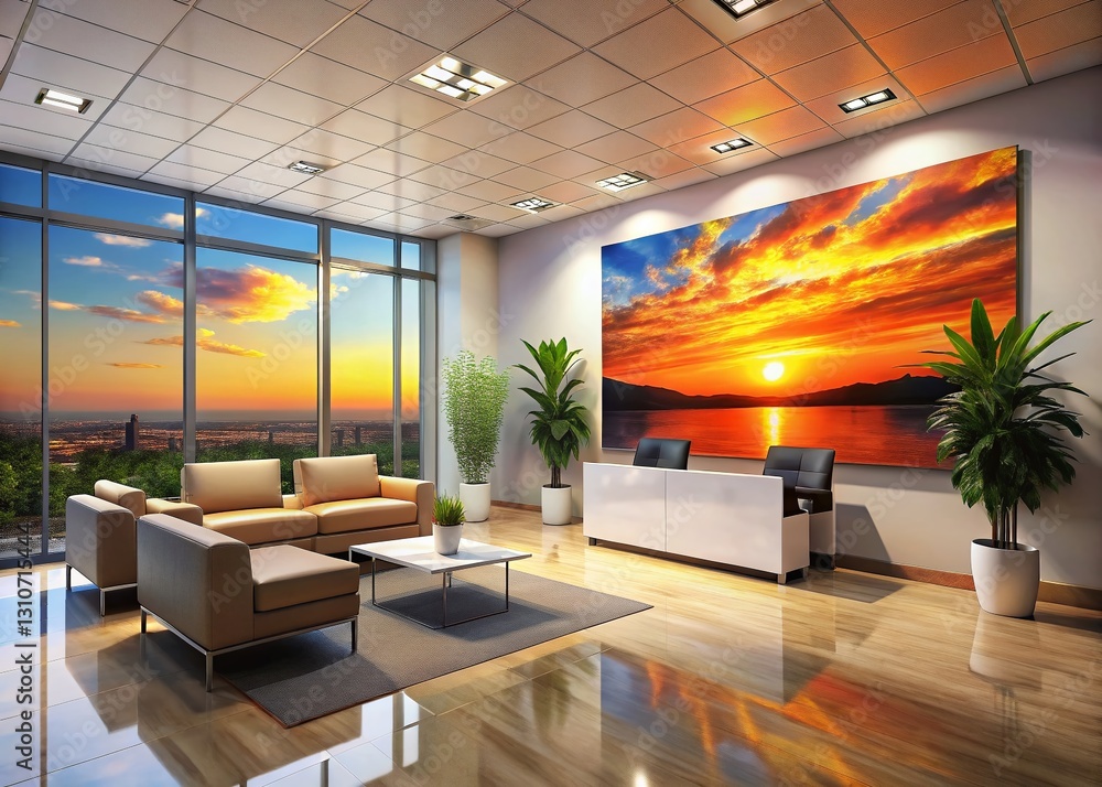 Fototapeta premium Modern Office Reception Area with Sunset Canvas Art, Empty Space for Text