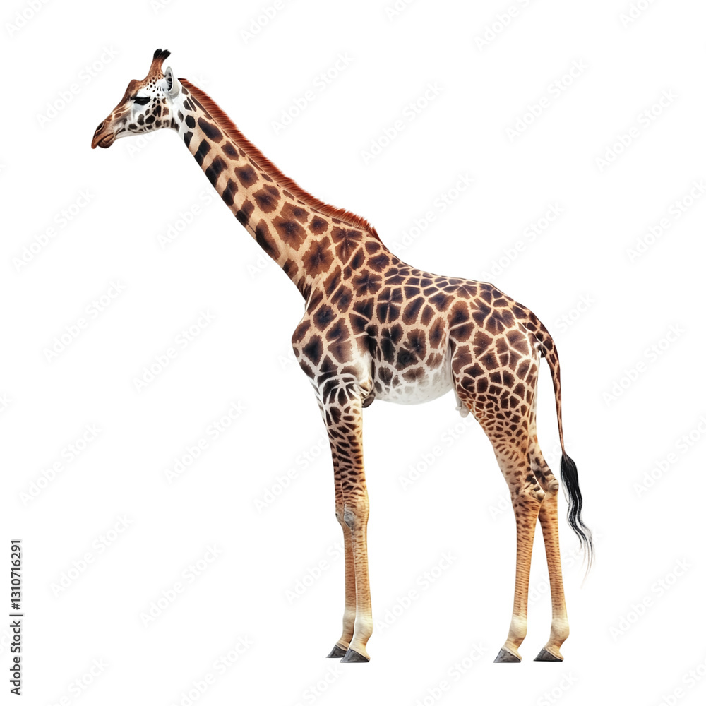 Obraz premium Side view of giraffe, isolated on transparent background, showcasing a tall African safari animal with a long neck, standing gracefully.