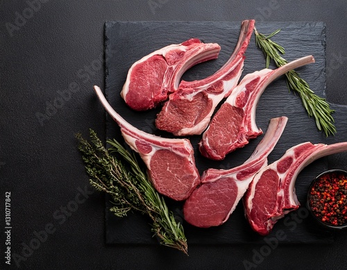 top view of raw lamb chops and fresh mutton cutlets on ribs with a dark background offering ample copy space image