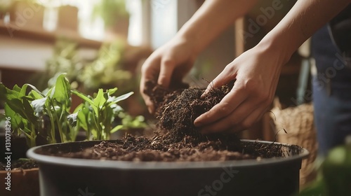Wallpaper Mural A person potting soil while planting flowers in a cozy indoor garden. Torontodigital.ca