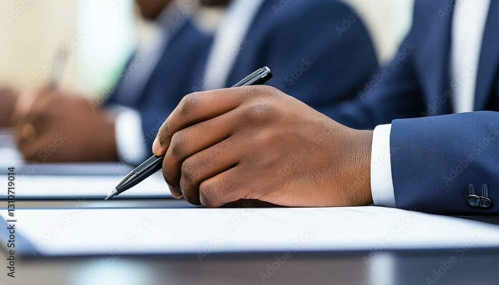 A close-up of a hand holding a pen, poised to sign documents, with others in the background, highlighting a professional setting. A close-up of a hand holding a pen, poised to sign documents, with others in the background, highlighting a professional setting.