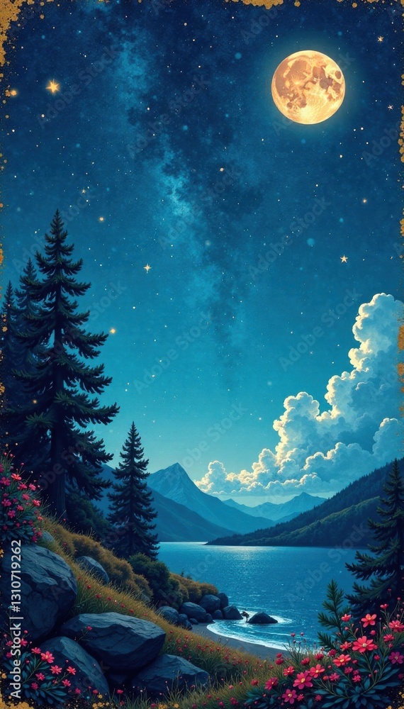 Naklejka premium Stylized illustration of a dreamy, starry night scene on weathered paper with golden accents, stars, illustration, sky