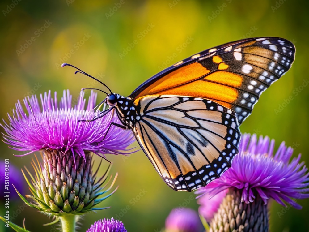 Obraz premium Monarch Butterfly on Thistle Flower - Vibrant Close-up Portrait