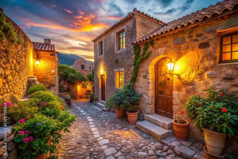 Fototapeta premium Monemvasia Greece Old House, Charming Bokeh Sunset Architecture Photography