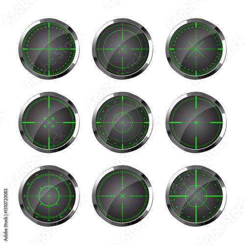 Chrome weapon night sights, sniper rifle optical scopes. Hunting gun viewfinder with crosshair. Aim, shooting mark symbol. Military target sign, silhouette. Game UI element. Vector illustration