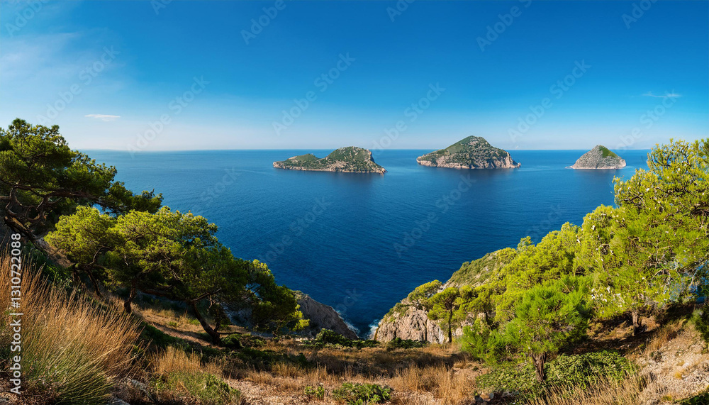 Naklejka premium mediterranean landscape with a view of the sea between two hills two more islands can be seen in the sea