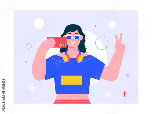 Teenage girl taking selfie illustration. Generation Z illustration. Flat vector illustration concept.