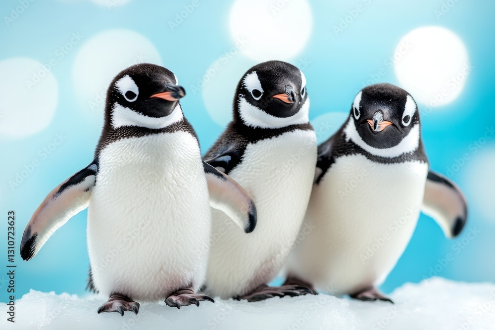 Obraz premium A group of penguins sliding on ice in a snowy Antarctic landscape, with the shimmering ocean in the distance