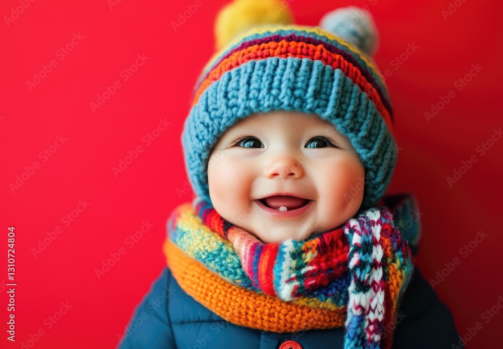 Cute baby wearing a colorful winter hat and scarf, smiling against a red background. Cute baby wearing a colorful winter hat and scarf, smiling against a red background.