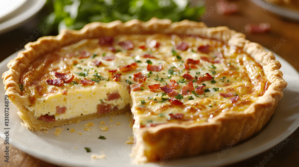 Delicious Quiche Lorraine with Flaky Crust and Savory Bacon On a Plate Ready to Serve Delicious Quiche Lorraine with Flaky Crust and Savory Bacon On a Plate Ready to Serve