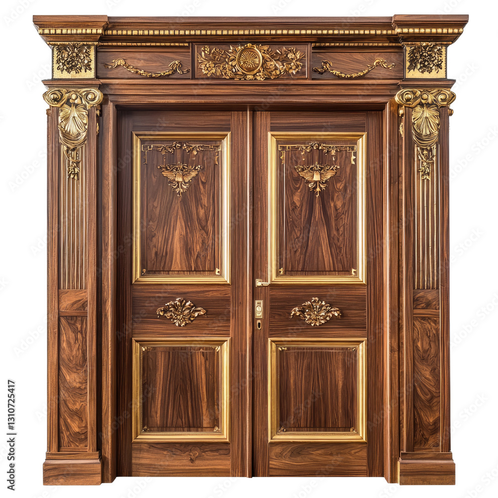 Ornate Wooden Double Door with Intricate Carvings and Golden Accents on Decorative Frame Ornate Wooden Double Door with Intricate Carvings and Golden Accents on Decorative Frame