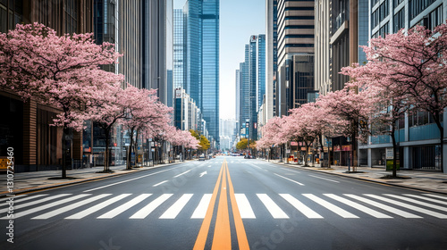 Obraz na płótnie Cherry Blossom-Lined Streets and a Zebra Crossing in Seoul w salonie
