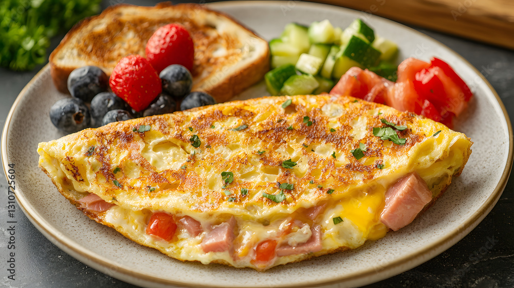 Delicious Omelette with Fresh Vegetables and Toast on a Plate Delicious Omelette with Fresh Vegetables and Toast on a Plate