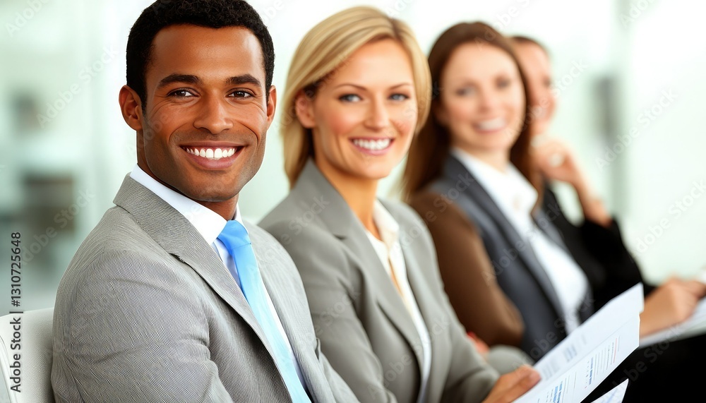 A diverse group of professionals smiling during a meeting, showcasing collaboration and positive workplace dynamics. A diverse group of professionals smiling during a meeting, showcasing collaboration and positive workplace dynamics.