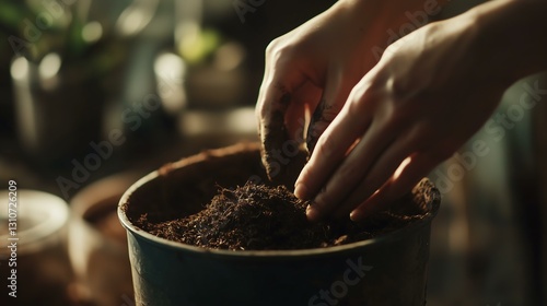 Wallpaper Mural Hands digging into soil for planting in a vibrant home garden setting. Torontodigital.ca