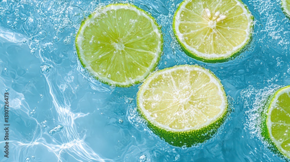 Vibrant Green Lime Slices Floating in Sparkling Blue Water Vibrant Green Lime Slices Floating in Sparkling Blue Water