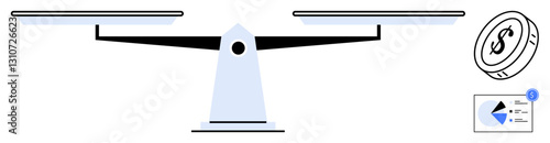 Scale balancing two sides, coin with dollar sign, and data chart representing choices and priorities. Ideal for finance, decision, analysis, strategy, balance prioritization comparison. Flat simple