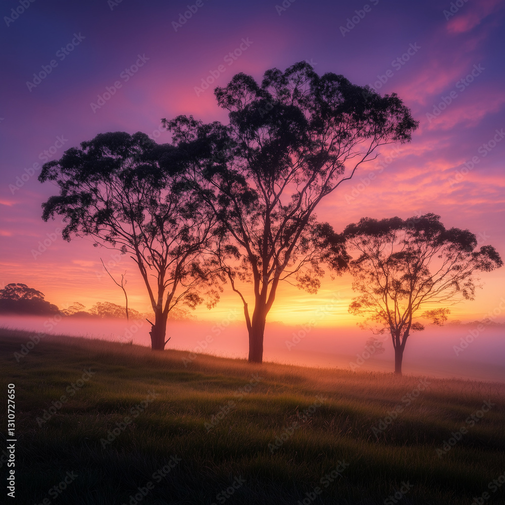 Trees silhouetted by vivid sunset. Fog settles on field. Perfect for landscape photography Trees silhouetted by vivid sunset. Fog settles on field. Perfect for landscape photography