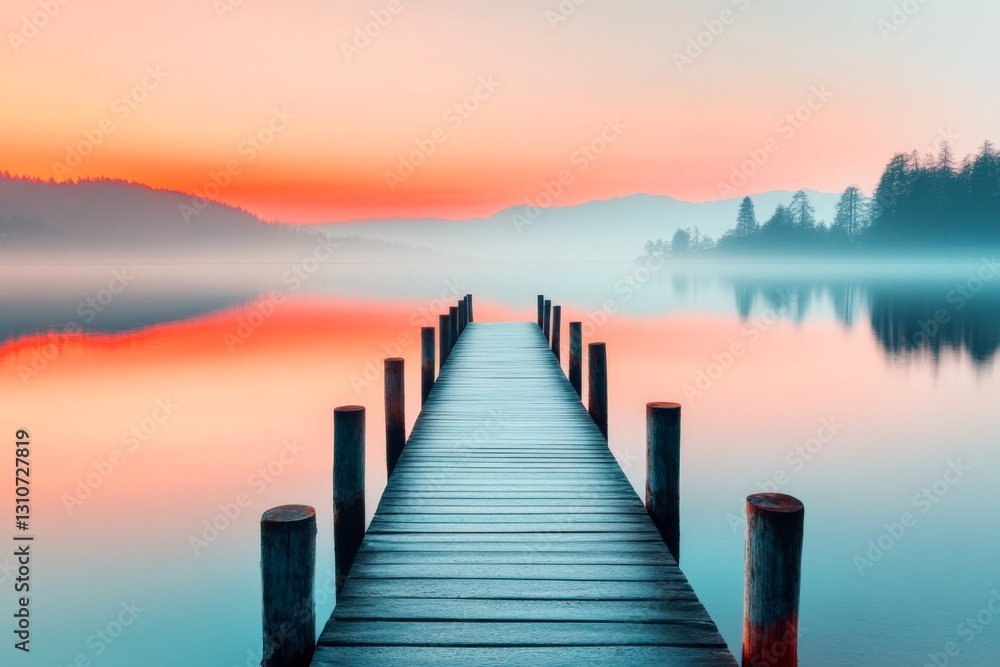 Obraz premium A minimalist outline of a pier leading into a glowing horizon, with subtle sunset hues fading into a clean white background