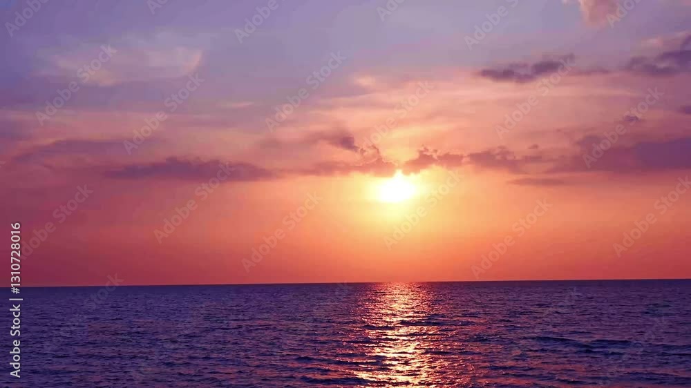 Purple pink sunset blue sky over calm ocean wave n sea water surface reflection w dramatic dark cloud or cloudscape in tropical summer sunlight n sun ray at island praradise, 4k Stop motion TimeLapse Purple pink sunset blue sky over calm ocean wave n sea water surface reflection w dramatic dark cloud or cloudscape in tropical summer sunlight n sun ray at island praradise, 4k Stop motion TimeLapse